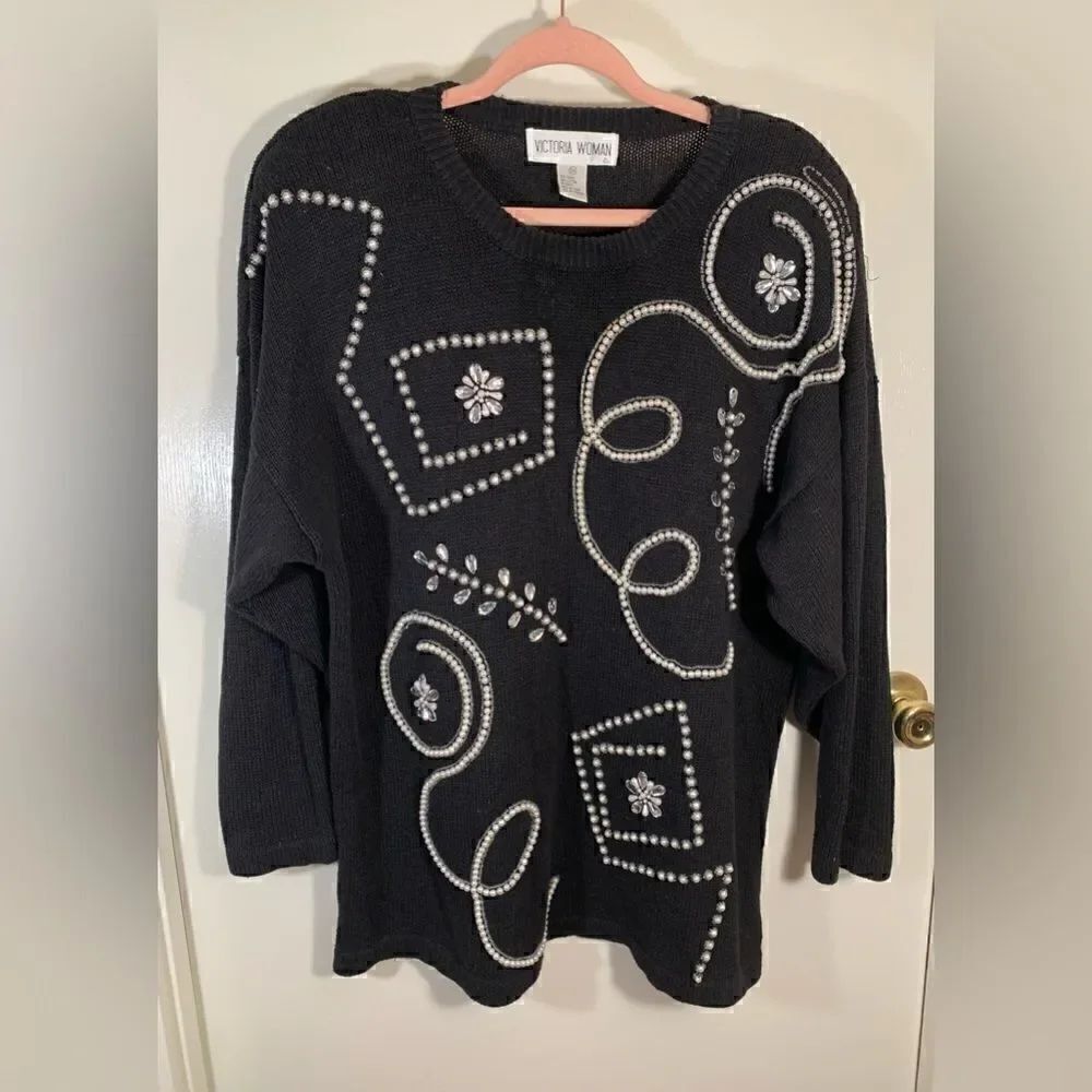 Victoria woman vintage black pearl/rhinestone beaded sweater Size 2X